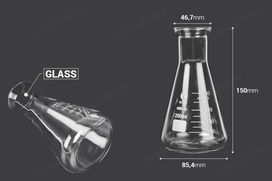 Stakleni Erlenmajer od 250mL sa oznakama-dimenzije_slike