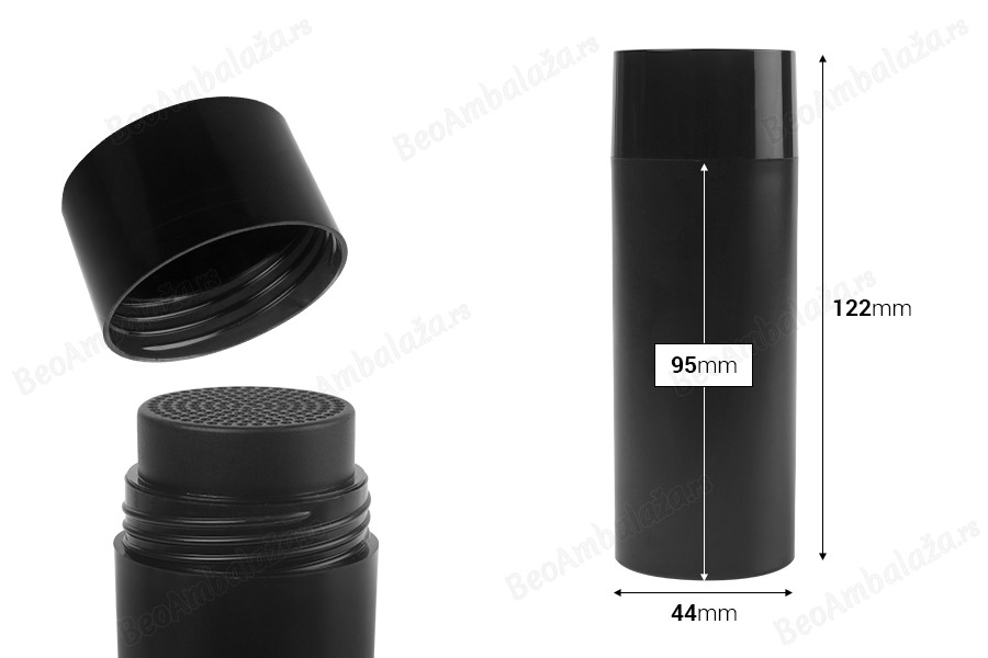 Crna bočica 30 mL (44x122 mm) sa rupicama i poklopcem-dimenzije_slike