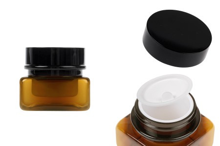 Četvrtasta plastična karamel teglica 30 mL sa duplim dnom, plastičnim međupoklopcem i zatvaračem-slika_proizvoda