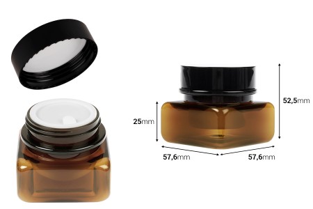 Četvrtasta plastična karamel teglica 30 mL sa duplim dnom, plastičnim međupoklopcem i zatvaračem-dimenzije_slike