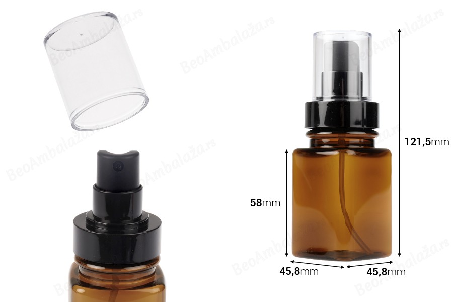 Četvrtasta plastična karamel bočica 100 mL sa crnim sprejom i providnim poklopcem-dimenzije_slike
