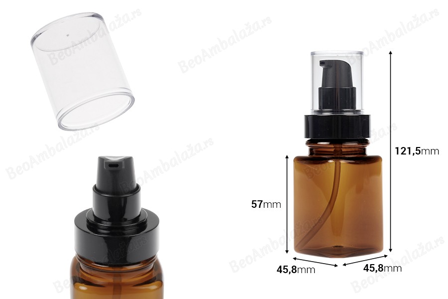 Četvrtasta plastična karamel bočica 100 mL sa crnom pumpicom za kreme i providnim poklopcem-dimenzije_slike