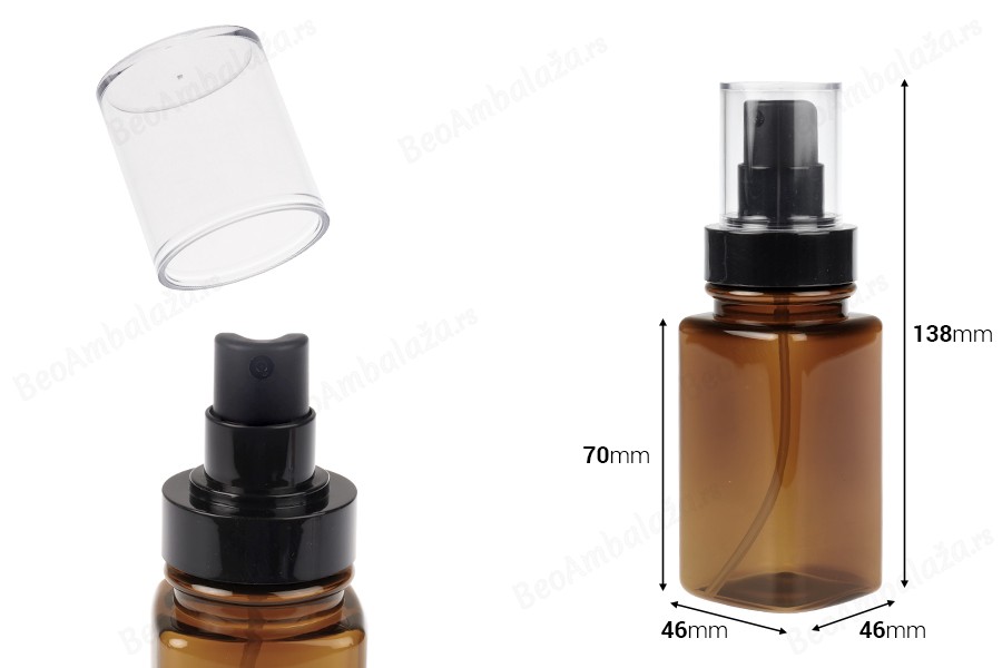Četvrtasta plastična karamel bočica 120 mL sa crnim sprejom i providnim poklopcem-dimenzije_slike