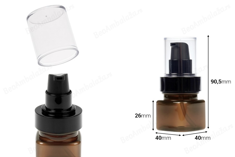 Četvrtasta plastična karamel bočica 30 mL sa crnom pumpicom za kreme i providnim poklopcem-dimenzije_slike