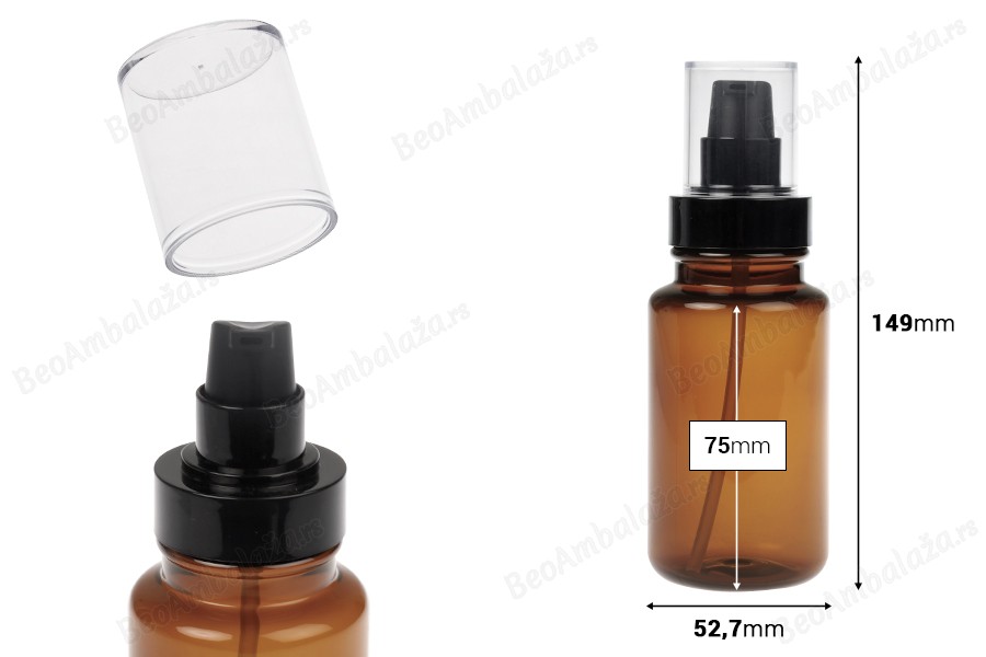 Cilindrična plastična karamel bočica 160 mL sa crnom pumpicom za kreme i providnim poklopcem-dimenzije_slike