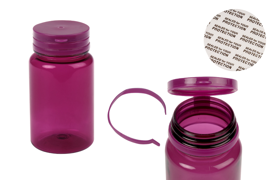Plastična PET ljubičasta teglica 100 mL sa sigurnosnim poklopcem za tablete i kapsule