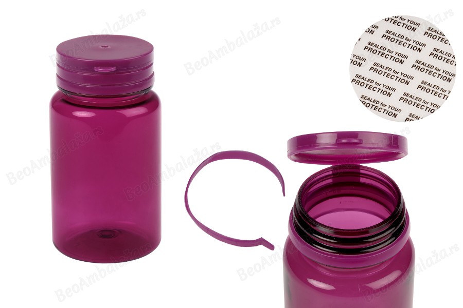 Plastična PET ljubičasta kutijica 100 mL sa sigurnosnim zatvaračem i zaptivkom za pilule i kapsule-slika_proizvoda