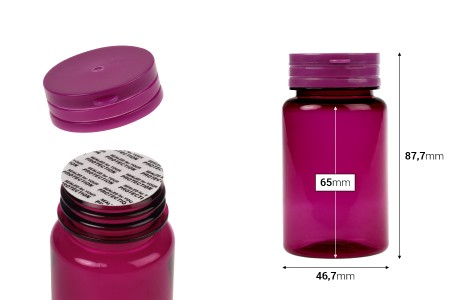 Plastična PET ljubičasta kutijica 100 mL sa sigurnosnim zatvaračem i zaptivkom za pilule i kapsule-dimenzije_slike