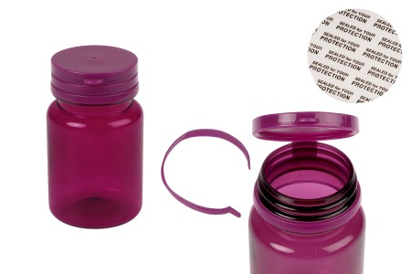 Plastična PET ljubičasta kutijica 80 mL sa sigurnosnim zatvaračem i zaptivkom za pilule i kapsule-slika_proizvoda