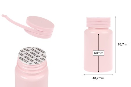 Plastična PET roze kutijica 120 mL sa sigurnosnim zatvaračem i zaptivkom za pilule i kapsule-dimenzije_slike