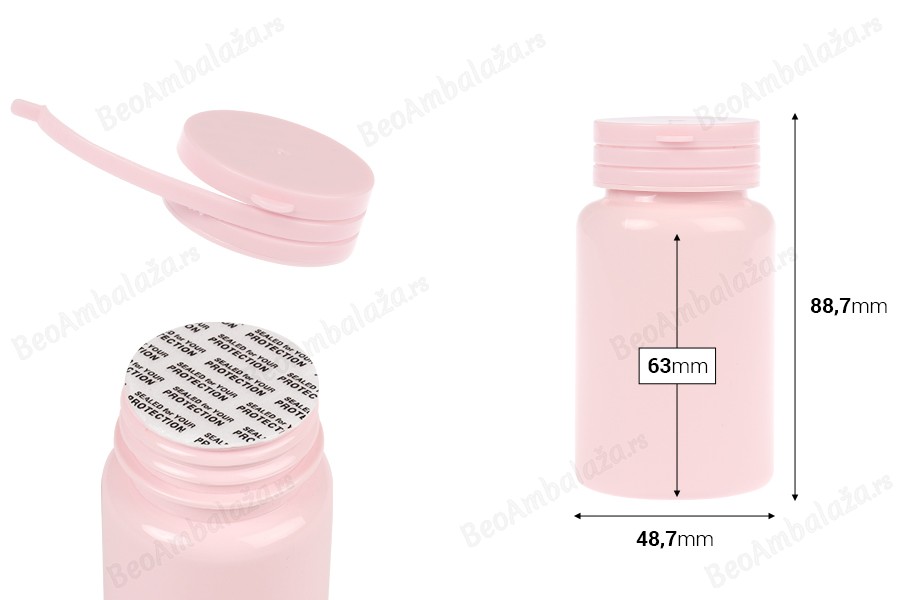 Plastična PET roze kutijica 120 mL sa sigurnosnim zatvaračem i zaptivkom za pilule i kapsule-dimenzije_slike