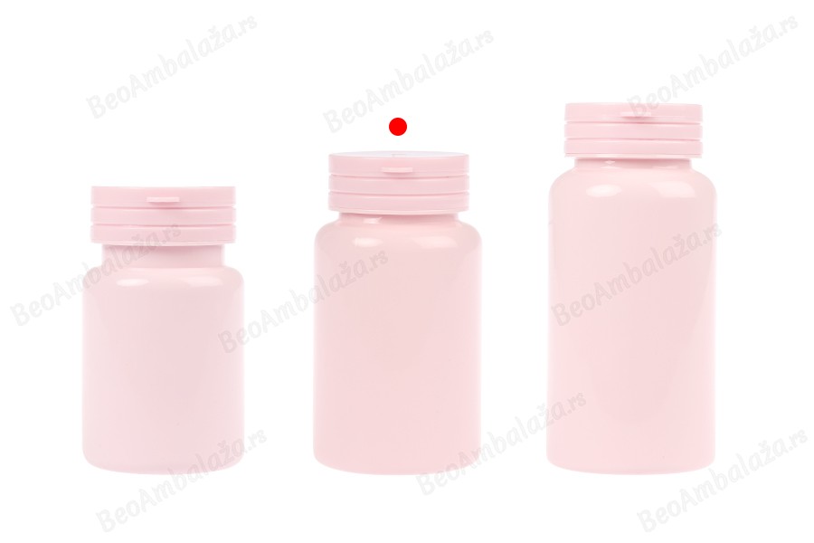 Plastična PET roze kutijica 120 mL sa sigurnosnim zatvaračem i zaptivkom za pilule i kapsule-grupa_slika