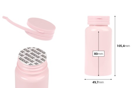 Plastična PET roze kutijica 150 mL sa sigurnosnim zatvaračem i zaptivkom za pilule i kapsule-dimenzije_slike