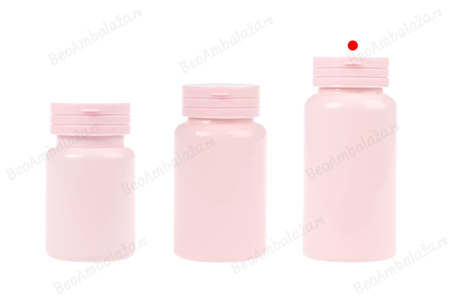 Plastična PET roze kutijica 150 mL sa sigurnosnim zatvaračem i zaptivkom za pilule i kapsule-grupa_slika