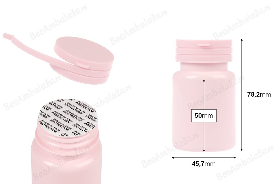 Plastična PET roze kutijica 80 mL sa sigurnosnim zatvaračem i zaptivkom za pilule i kapsule-dimenzije_slike