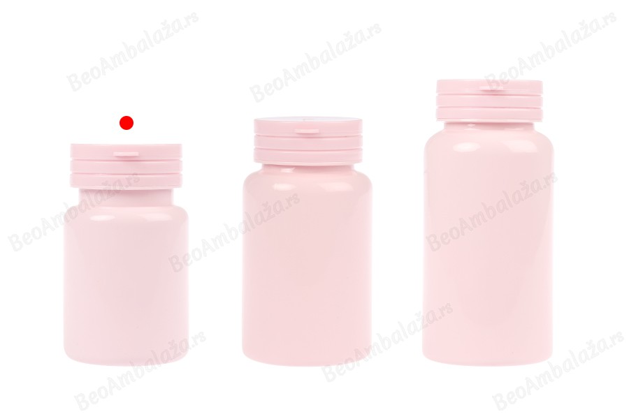 Plastična PET roze kutijica 80 mL sa sigurnosnim zatvaračem i zaptivkom za pilule i kapsule-grupa_slika