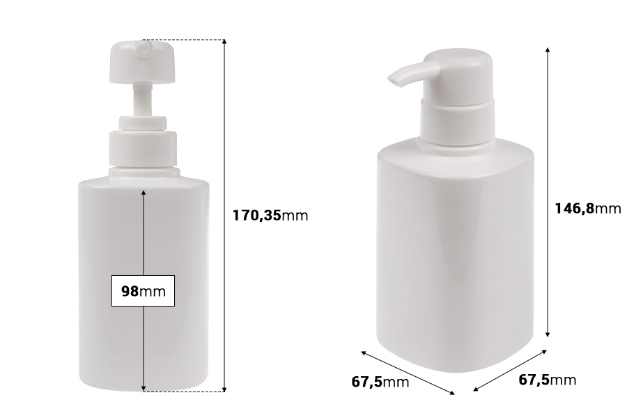 Plastična PET boca od 300 mL u beloj boji sa pumpicom (PP32)-dimenzije_slike