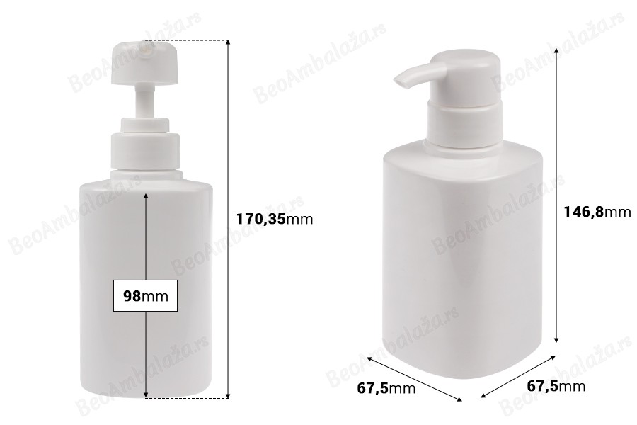 Plastična PET boca od 300 mL u beloj boji sa pumpicom (PP32)-dimenzije_slike