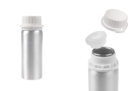Aluminijumska bočica od 100 mL za čuvanje esencija, parfema i alkoholnih rastvora sa čepom i plastičnim belim zaštitnim zatvaračem-slika_proizvoda