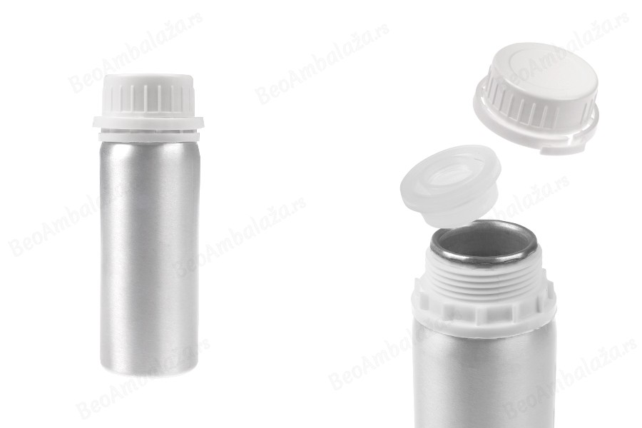 Aluminijumska bočica od 100 mL za čuvanje esencija, parfema i alkoholnih rastvora sa čepom i plastičnim belim zaštitnim zatvaračem-slika_proizvoda