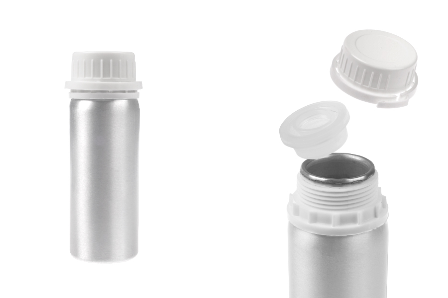 Aluminijumska bočica od 100 mL za čuvanje esencija, parfema i alkoholnih rastvora sa čepom i plastičnim belim zaštitnim zatvaračem Aluminijumska bočica od 100 mL za čuvanje esencija, parfema i alkoholnih rastvora sa čepom i plastičnim belim zaštitnim zatvaračem