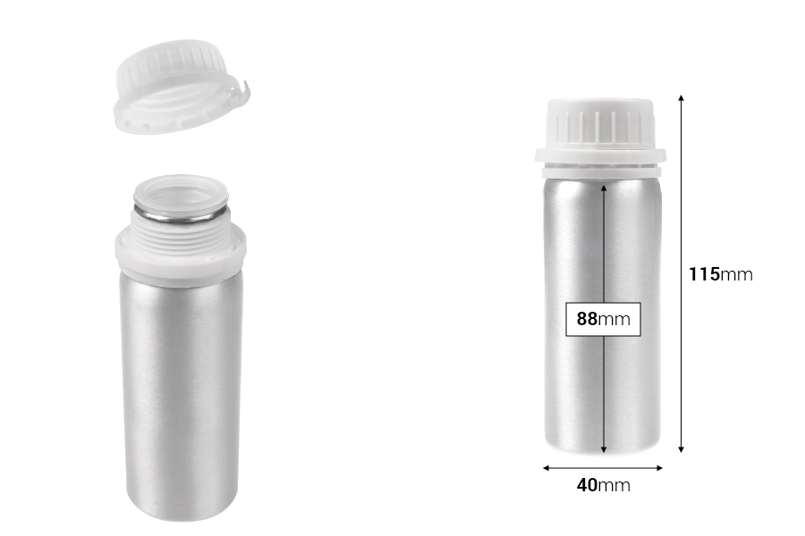 Aluminijumska bočica od 100 mL za čuvanje esencija, parfema i alkoholnih rastvora sa čepom i plastičnim belim zaštitnim zatvaračem Aluminijumska bočica od 100 mL za čuvanje esencija, parfema i alkoholnih rastvora sa čepom i plastičnim belim zaštitnim zatvaračem