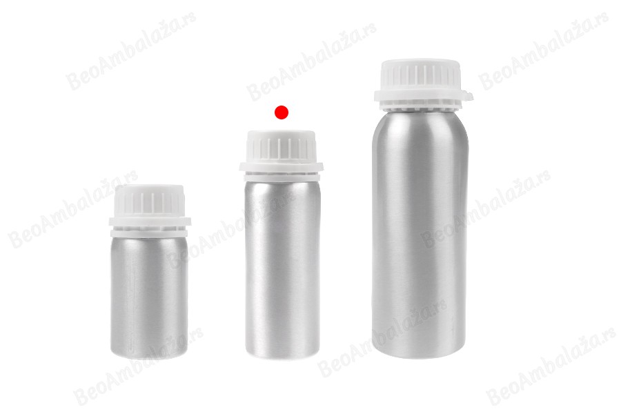 Aluminijumska bočica od 100 mL za čuvanje esencija, parfema i alkoholnih rastvora sa čepom i plastičnim belim zaštitnim zatvaračem-grupa_slika