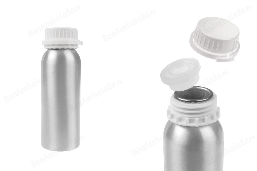 Aluminijumska bočica od 250 mL za čuvanje esencija, parfema i alkoholnih rastvora sa čepom i plastičnim belim zaštitnim zatvaračem-slika_proizvoda