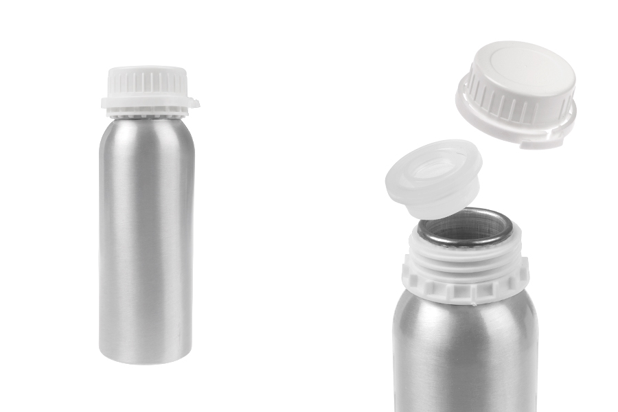 Aluminijumska bočica od 250 mL za čuvanje esencija, parfema i alkoholnih rastvora sa čepom i plastičnim belim zaštitnim zatvaračem Aluminijumska bočica od 250 mL za čuvanje esencija, parfema i alkoholnih rastvora sa čepom i plastičnim belim zaštitnim zatvaračem