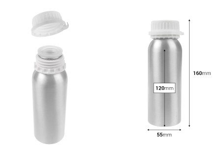 Aluminijumska bočica od 250 mL za čuvanje esencija, parfema i alkoholnih rastvora sa čepom i plastičnim belim zaštitnim zatvaračem-dimenzije_slike