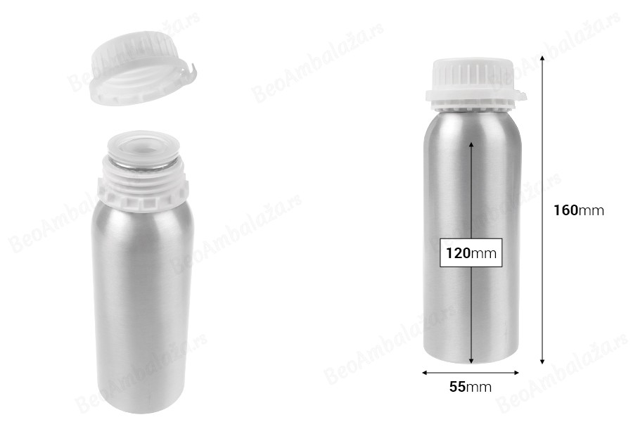 Aluminijumska bočica od 250 mL za čuvanje esencija, parfema i alkoholnih rastvora sa čepom i plastičnim belim zaštitnim zatvaračem-dimenzije_slike