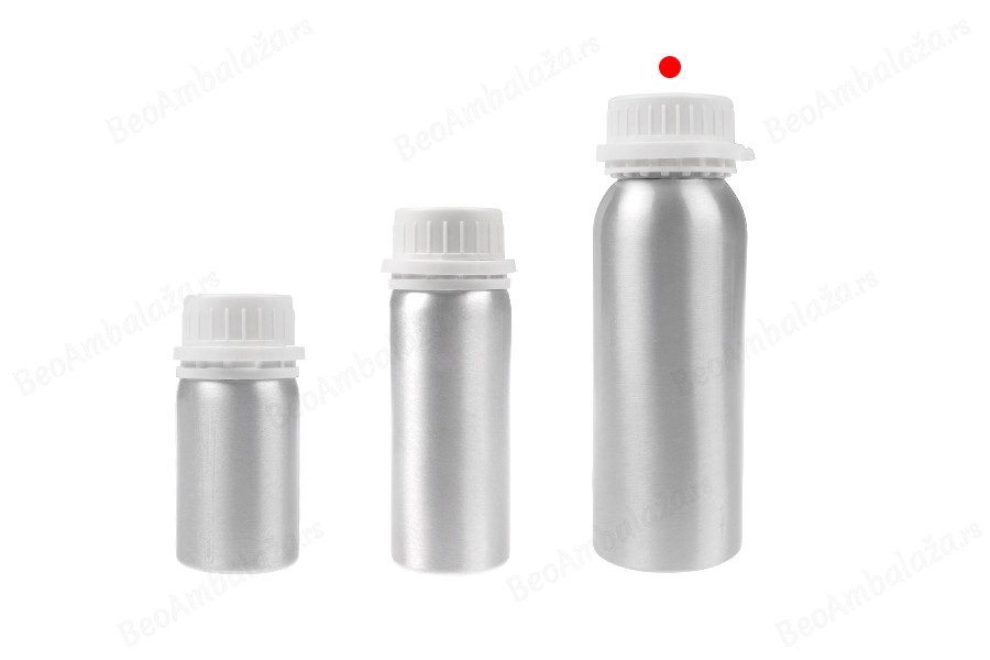 Aluminijumska bočica od 250 mL za čuvanje esencija, parfema i alkoholnih rastvora sa čepom i plastičnim belim zaštitnim zatvaračem-grupa_slika