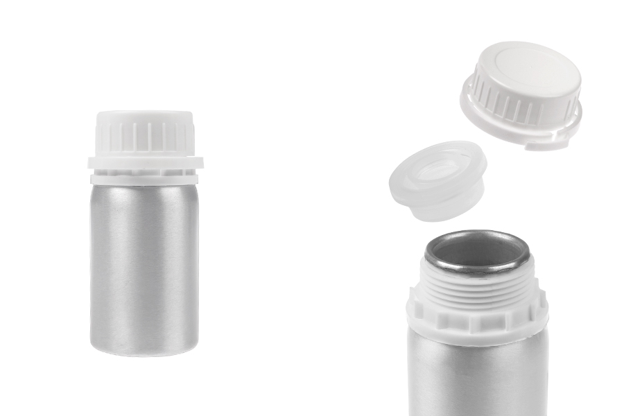 Aluminijumska bočica od 50 mL za čuvanje esencija, parfema i alkoholnih rastvora sa čepom i plastičnim belim zaštitnim zatvaračem Aluminijumska bočica od 50 mL za čuvanje esencija, parfema i alkoholnih rastvora sa čepom i plastičnim belim zaštitnim zatvaračem