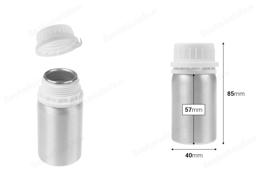 Aluminijumska bočica od 50 mL za čuvanje esencija, parfema i alkoholnih rastvora sa čepom i plastičnim belim zaštitnim zatvaračem-dimenzije_slike
