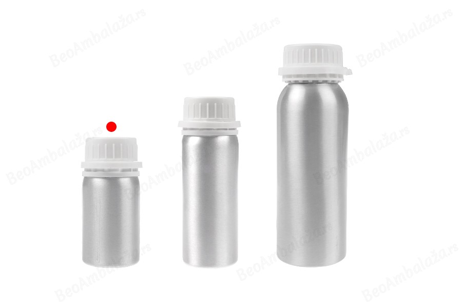 Aluminijumska bočica od 50 mL za čuvanje esencija, parfema i alkoholnih rastvora sa čepom i plastičnim belim zaštitnim zatvaračem-grupa_slika