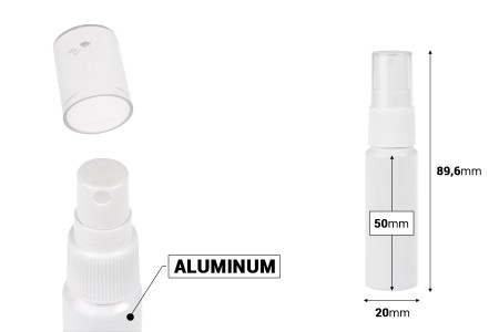 Bela aluminijumska bočica od 15 mL sa belim plastičnim sprejom-dimenzije_slike