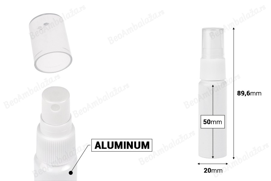 Bela aluminijumska bočica od 15 mL sa belim plastičnim sprejom-dimenzije_slike