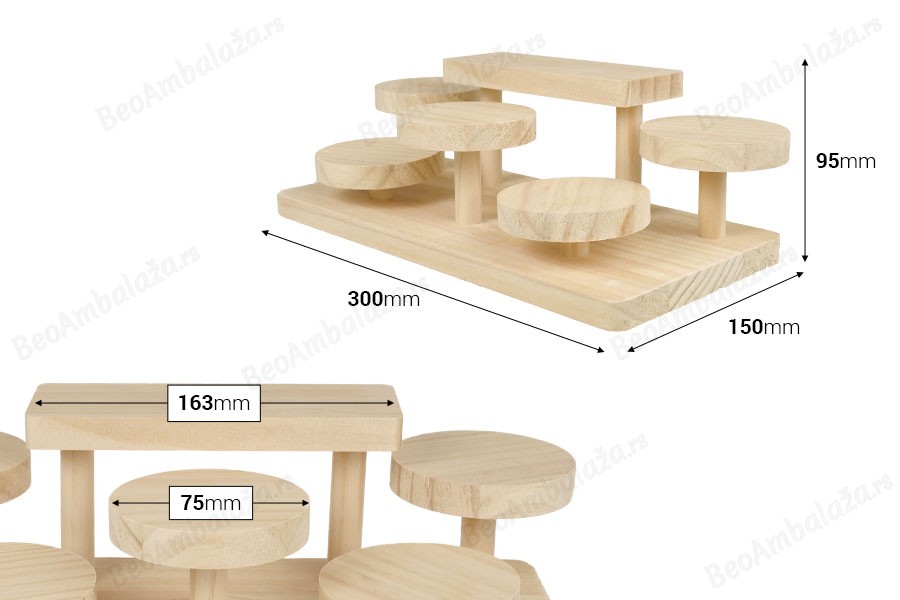  Drveni stalak 300x150x95 mm (prečnik svake osnove 75 mm) -dimenzije_slike