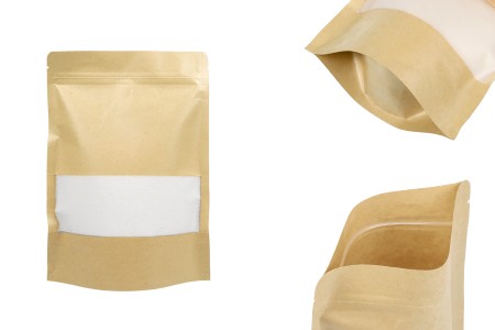 Kraft DoyPack 180x50x260mm kesice sa zip zatvaranjem i prozorom, unutrašnjom i spoljašnjom providnom oblogom, ovalnim dnom i sa mogućnošću termo zatvaranja – 100kom-slika_proizvoda
