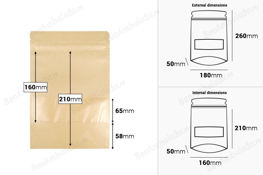 Kraft DoyPack 180x50x260mm kesice sa zip zatvaranjem i prozorom, unutrašnjom i spoljašnjom providnom oblogom, ovalnim dnom i sa mogućnošću termo zatvaranja – 100kom-dimenzije_slike