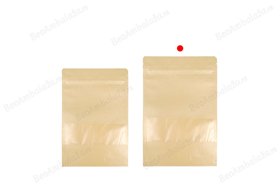 Kraft DoyPack 180x50x260mm kesice sa zip zatvaranjem i prozorom, unutrašnjom i spoljašnjom providnom oblogom, ovalnim dnom i sa mogućnošću termo zatvaranja – 100kom-grupa_slika