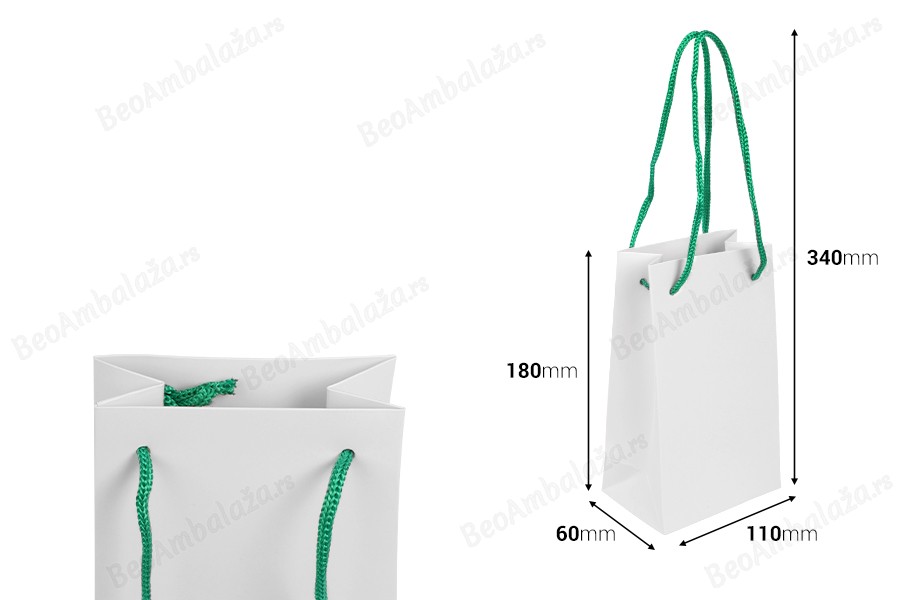 Papirna bela poklon kesa 110x60x180mm sa zelenom drškom - 20 kom-dimenzije_slike