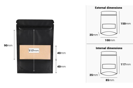 DoyPack kesice sa zip zatvaranjem, prozorom, ovalnim dnom i sa mogućnošću termo zatvaranja 100x35x150mm - 100komada-dimenzije_slike