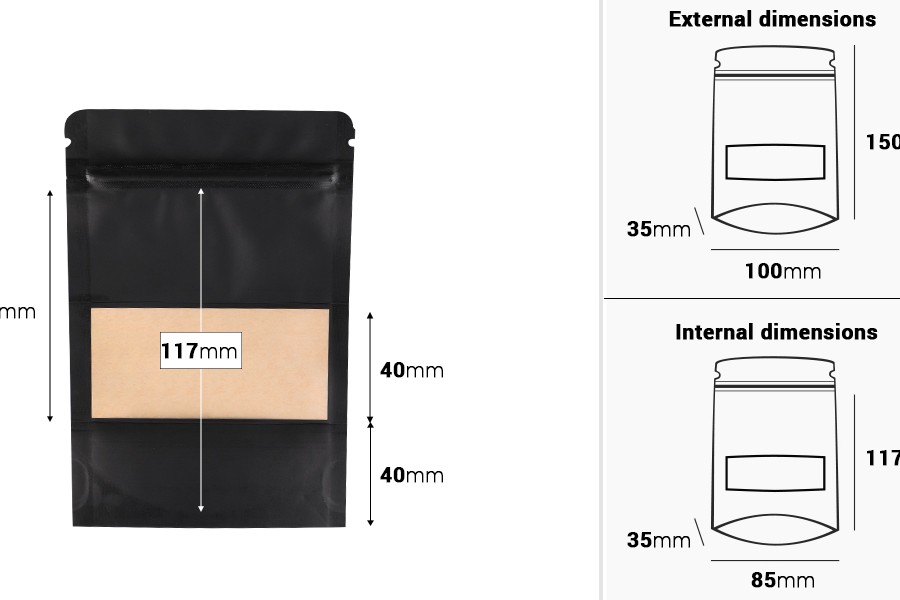 DoyPack kesice sa zip zatvaranjem, prozorom, ovalnim dnom i sa mogućnošću termo zatvaranja 100x35x150mm - 100komada-dimenzije_slike