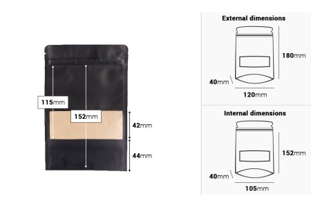 DoyPack kesice sa zip zatvaranjem, prozorom, ovalnim dnom i sa mogućnošću termo zatvaranja 120x40x180mm - 100 komada-dimenzije_slike