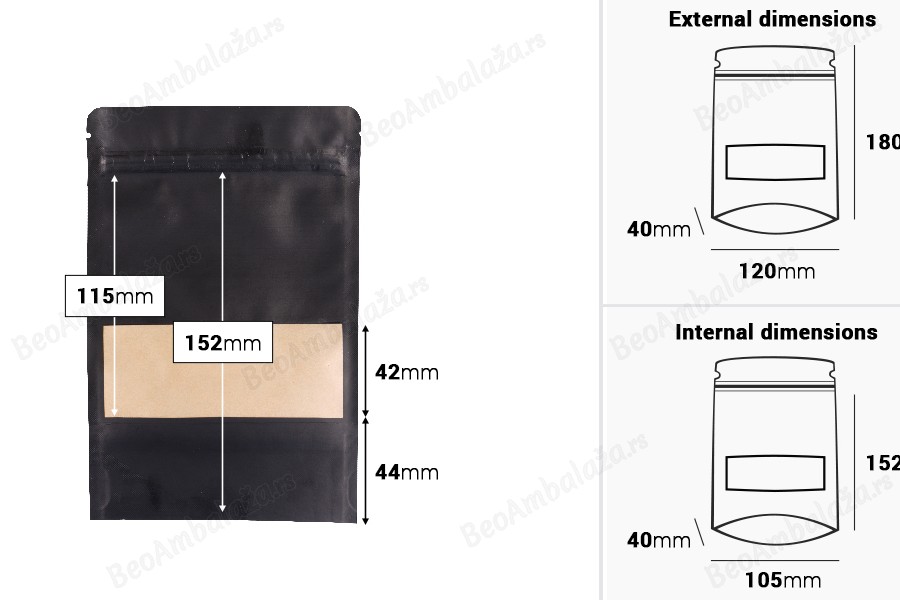 DoyPack kesice sa zip zatvaranjem, prozorom, ovalnim dnom i sa mogućnošću termo zatvaranja 120x40x180mm - 100 komada-dimenzije_slike