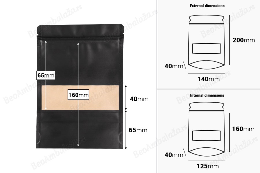 DoyPack kesice sa zip zatvaranjem, prozorom, ovalnim dnom i sa mogućnošću termo zatvaranja 140x40x200mm - 100komada-dimenzije_slike