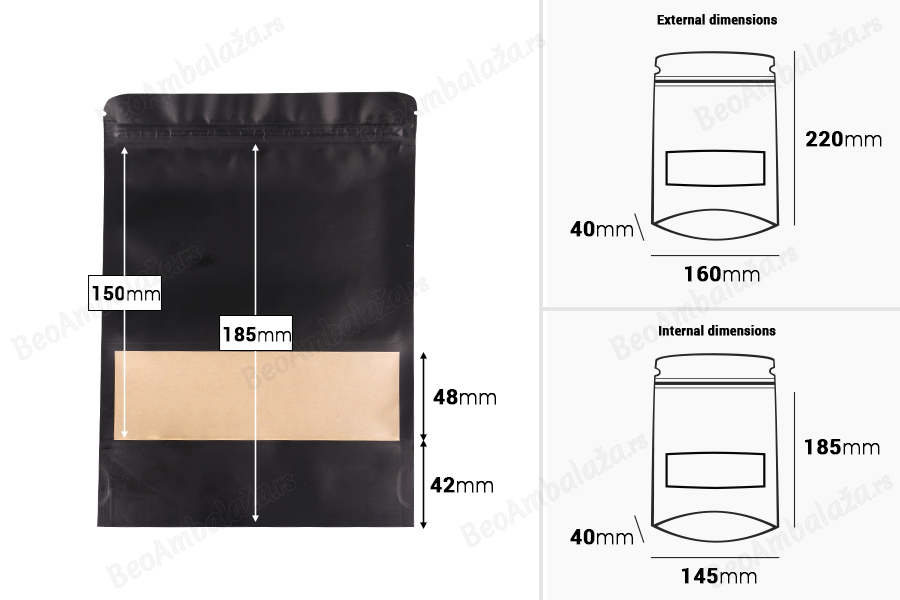 DoyPack kesice sa zip zatvaranjem, prozorom, ovalnim dnom i sa mogućnošću termo zatvaranja 160x40x220mm - 100komada-dimenzije_slike