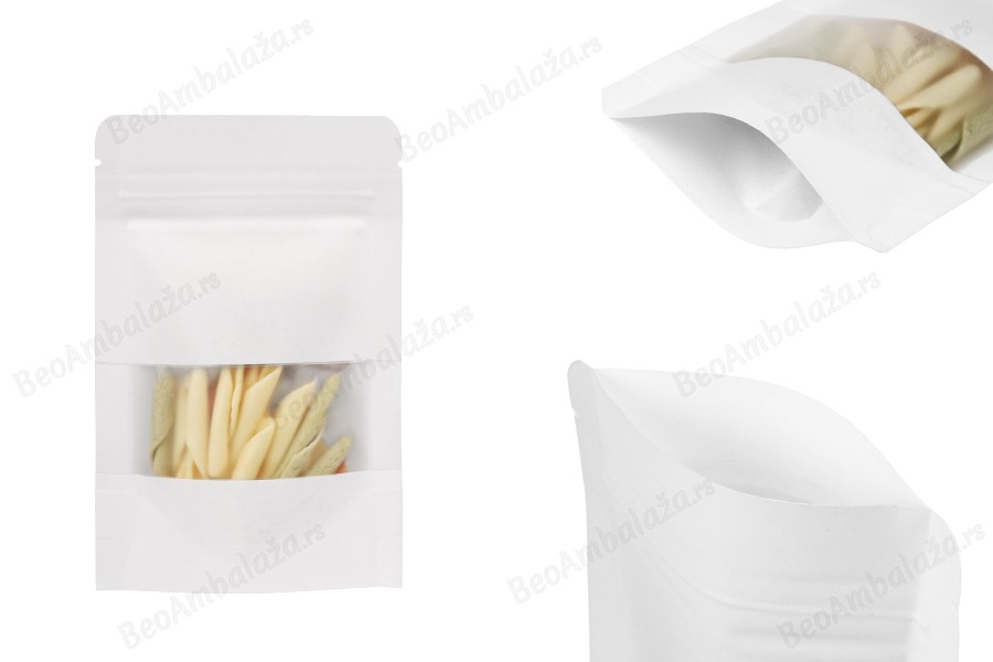Kraft DoyPack  90x30x140mm kesice u beloj boji sa zip zatvaranjem, prozorom, ovalnim dnom i sa mogućnošću termo zatvaranja - 100kom-slika_proizvoda