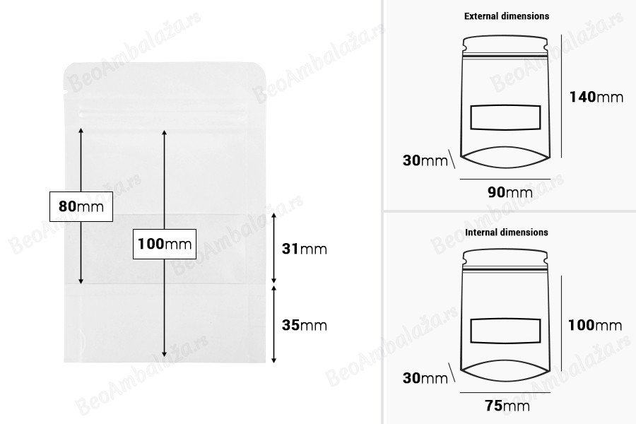 Kraft DoyPack  90x30x140mm kesice u beloj boji sa zip zatvaranjem, prozorom, ovalnim dnom i sa mogućnošću termo zatvaranja - 100kom-dimenzije_slike